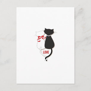 Postal Dos gatos enamorados, rojos, negros, corazones
