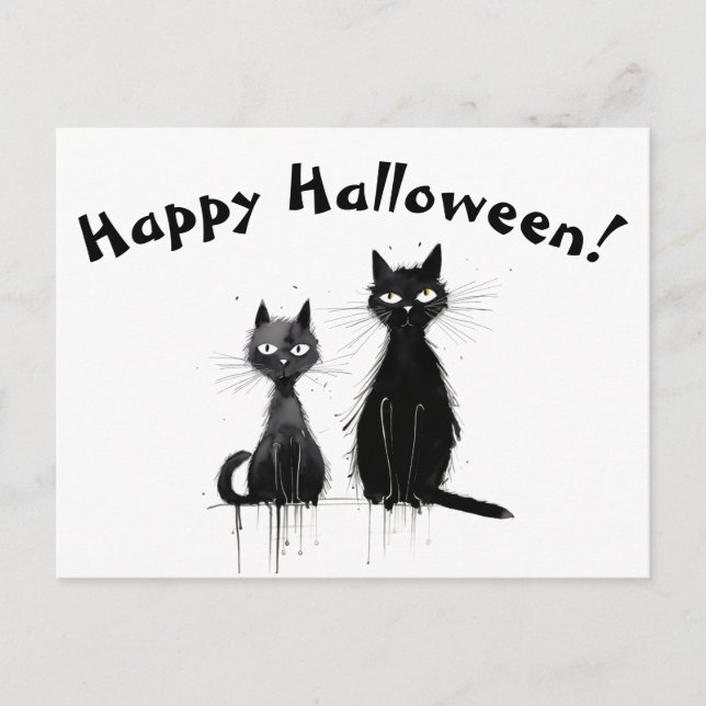 Postal Dos gatos negros Feliz Halloween (Anverso)
