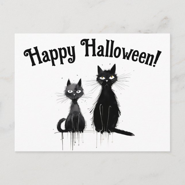 Postal Dos gatos negros Feliz Halloween (Anverso)
