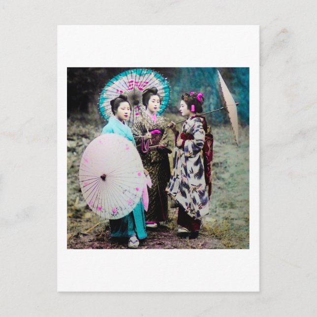Postal Dos Geisha y un viejo Japón de Maiko y Sombrillas (Anverso)