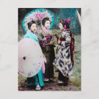 Dos Geisha y un viejo Japón de Maiko y Sombrillas