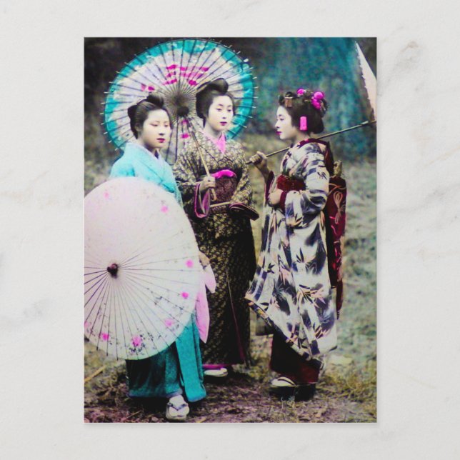 Postal Dos Geisha y un viejo Japón de Maiko y Sombrillas (Anverso)