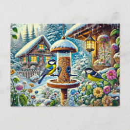 Postal Dos grandes tetas en el alimentador en invierno