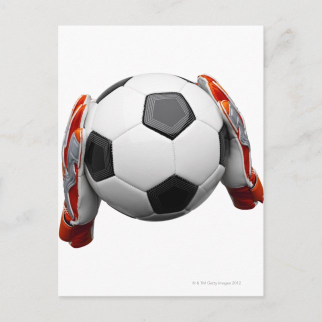 Postal Dos guantes porteros sujetando un futbol (Anverso)