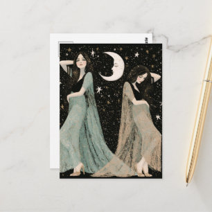 Postal Dos hermosas mujeres bailando bajo la luz de la lu