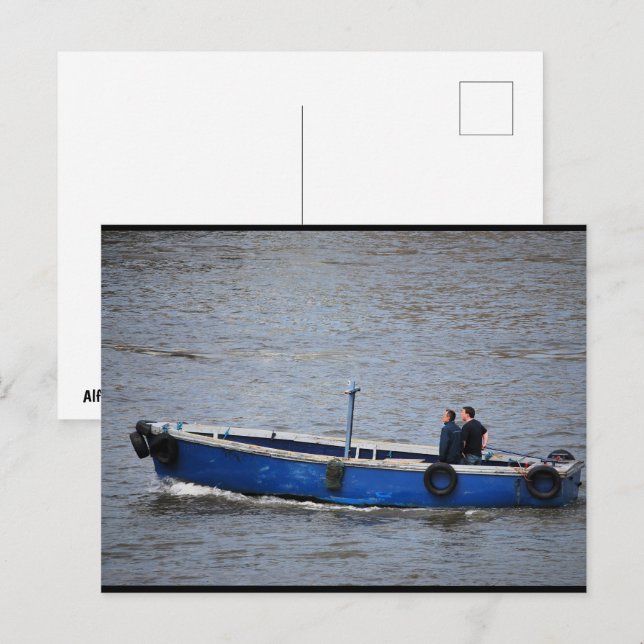 Postal Dos hombres y un barco azul (Anverso / Reverso)