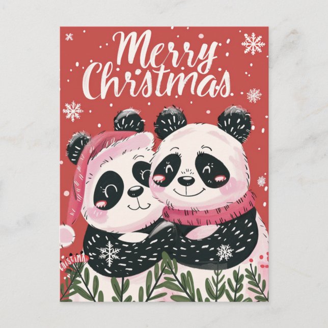 Postal Dos lindos Panda Feliz Navidad (Anverso)