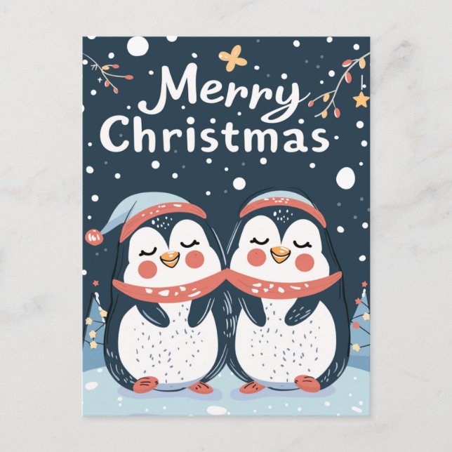 Postal Dos lindos pingüinos Feliz Navidad (Anverso)
