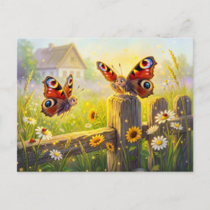 Postal Dos mariposas en la valla del jardín en verano