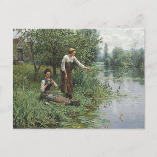 Postal Dos mujeres pescando por Daniel Ridgway Knight (Anverso)