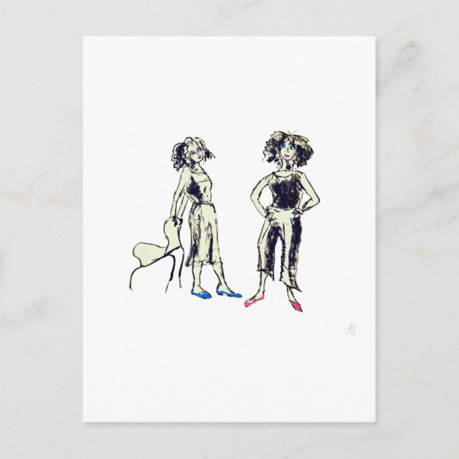 Postal Dos mujeres representadas con el pelo rizado (Anverso)