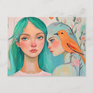Postal Dos mujeres y un pájaro