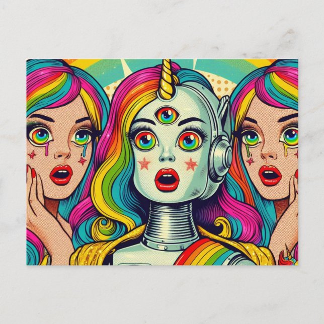 Postal Dos mujeres y un robot arco iris (Anverso)