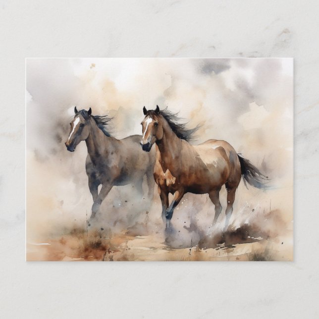 Postal “Dos Mustangs Salvajes” Acolorada Occidental Polvo (Anverso)