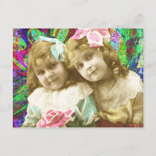 Postal Dos niñas vintage arte digital
