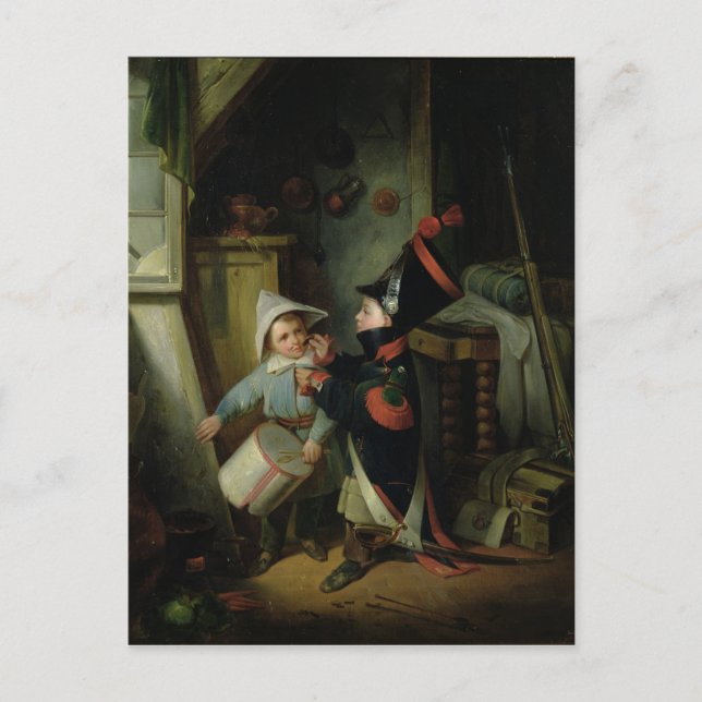 Postal Dos niños vestidos como soldados (Anverso)