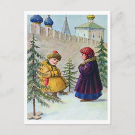 Postal Dos niños y árboles de Navidad bajo las paredes
