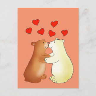 Postal Dos osos que se besan y corazones del amor