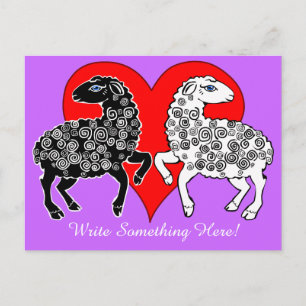 Postal Dos ovejas negras blancas grandes corazón rojo per