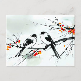 Postal Dos pájaros encaramados en un arte de tintas de ra