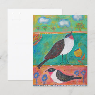 Postal Dos pájaros y flores
