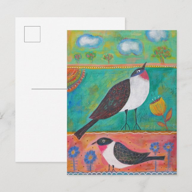 Postal Dos pájaros y flores (Anverso / Reverso)
