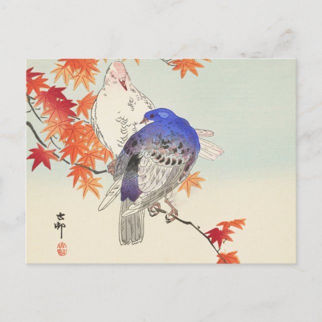Postal Dos palomas en la rama de otoño de Ohara Koson (Anverso)