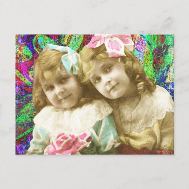 Postal Dos pequeñas niñas vintage arte digital (Anverso)
