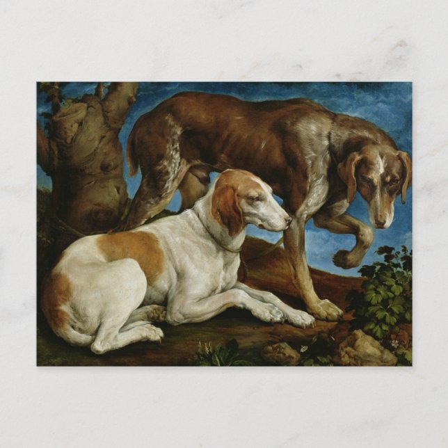 Postal Dos perros cazadores atados a un tronco de árbol,  (Anverso)