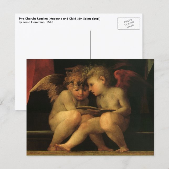 Postal Dos querubines leyendo por Rosso Fiorentino, Ángel (Anverso / Reverso)