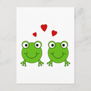 Postal Dos ranas verdes con corazones rojos.
