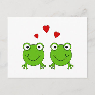 Postal Dos ranas verdes con corazones rojos.