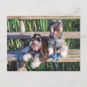 Postal "Dos schnauzers en una banca", carruaje de arte de