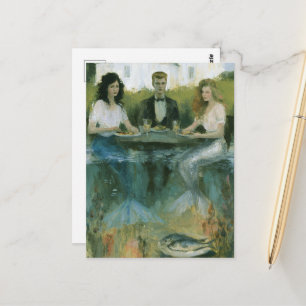 Postal Dos sirenas surrealistas y un hombre en pintura de