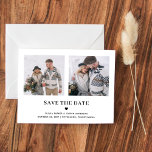 Postal Dos textos fotográficos y corazón | Reserva la fec<br><div class="desc">Esta sencilla y elegante boda en blanco y negro ahorra la postal de fecha con un texto negro clásico y elegante con un corazón coincidente y un lugar para sus nombres y detalles bodas. También hay espacio para mostrar dos de tus fotos personales favoritas de una manera moderna para que...</div>