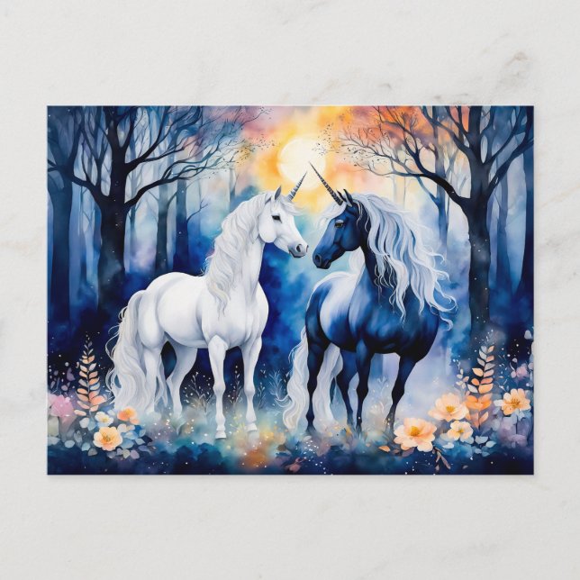 Postal Dos unicornios parados juntos bajo el cielo estrel (Anverso)