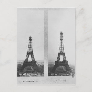 Postal Dos vistas a la construcción del Eiffel