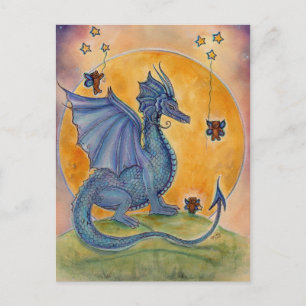 Postal Dragón azul con osos y estrellas