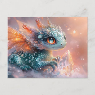 Postal Dragón Bebé Adorable con Gema de Cristal: Arte de