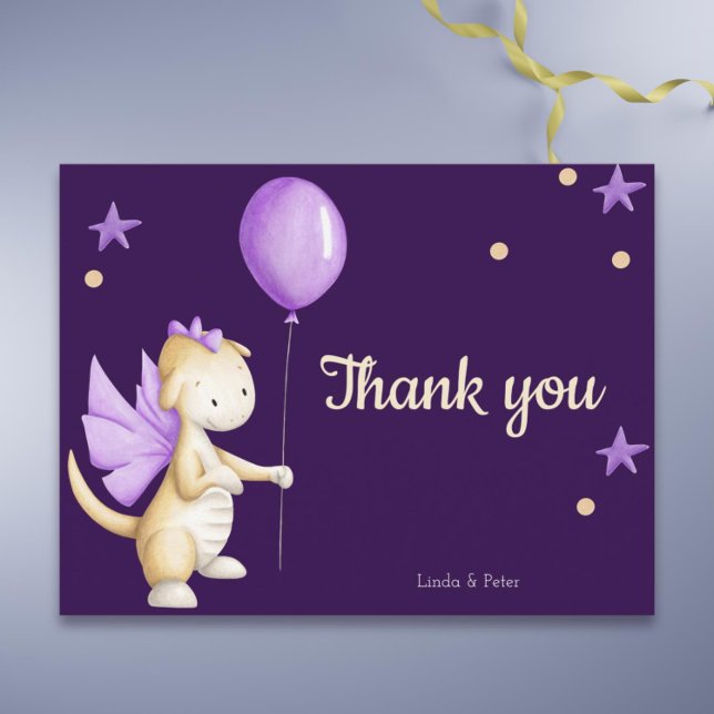 Postal Dragón Bebé Púrpura Gracias Chica Baby Shower (Cute purple dragon thank you baby shower postcard)
