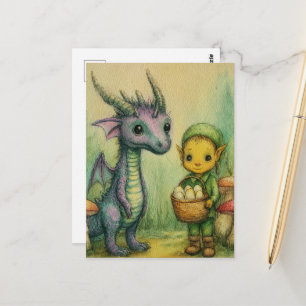 Postal Dragón bebé y elfo con huevos