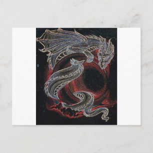 Postal Dragón blanco, luna roja sobre negro