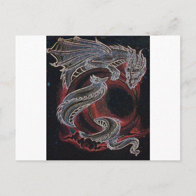 Postal Dragón blanco, luna roja sobre negro (Anverso)