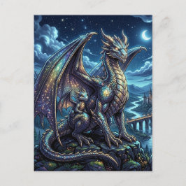 Postal Dragón Celestial a la Luz de la Luna y Castillo de