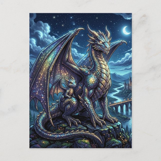 Postal Dragón Celestial a la Luz de la Luna y Castillo de (Anverso)