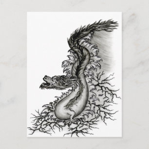 Postal Dragón chino, diseño blanco y negro en tatuostyl