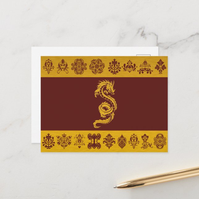Postal Dragón chino, dragón de oro, fantasía, mitología (Anverso/Reverso In Situ)