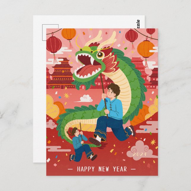 Postal Dragón de Año Nuevo Feliz de la Festividad de 2024 (Anverso / Reverso)