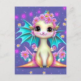 Postal Dragón de bebé con flores rosadas
