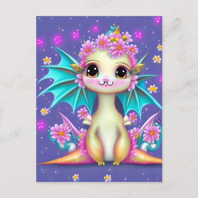 Postal Dragón de bebé con flores rosadas